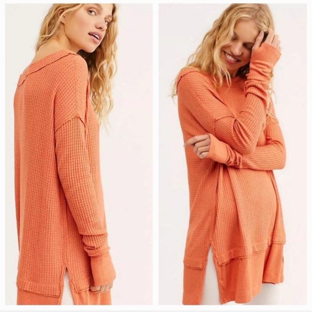 We the free oversized orange coral waffle knit thermal lounge top - Picture 3 of 8
